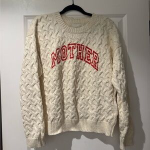 MOTHER Cream Cable Knit Sweater with Red Lettering